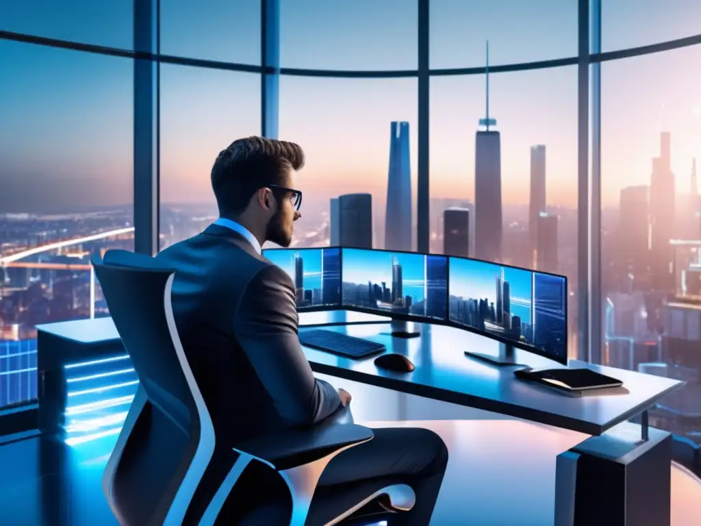 Inversionista enfocado en moderna oficina Oficina moderna con inversor y mercado incertidumbre