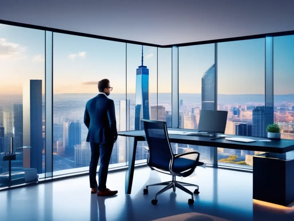 Oficina moderna con inversor analizando datos Oficina moderna, inversor profesional analizando estrategias de inversión rentables