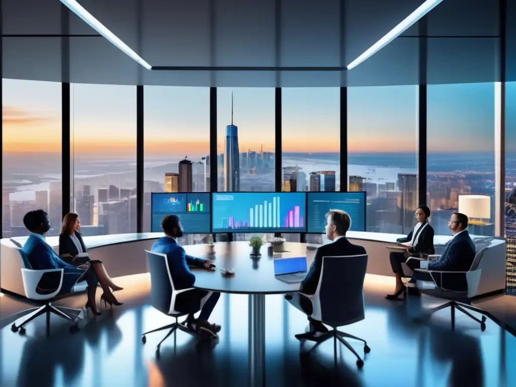 Oficina financiera con inversores analizando datos Oficina moderna con inversores analizando datos financieros y estrategias avanzadas de inversión en derivados
