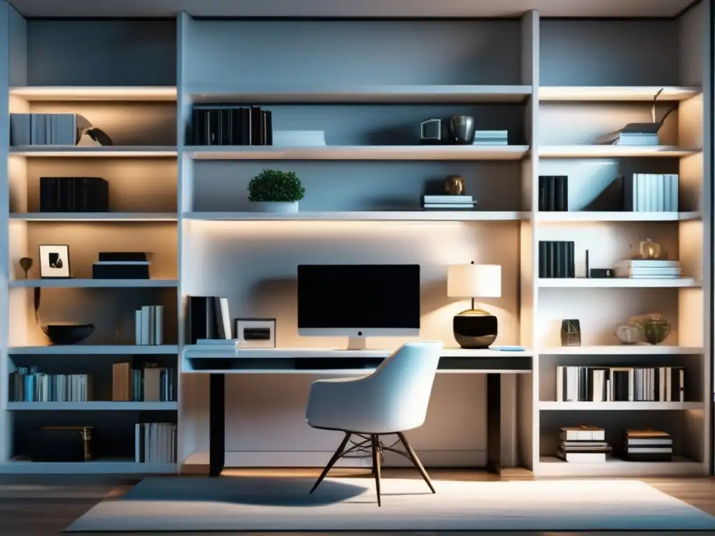 Oficina moderna con biblioteca de libros de inversión Oficina moderna con libros de inversión recomendados