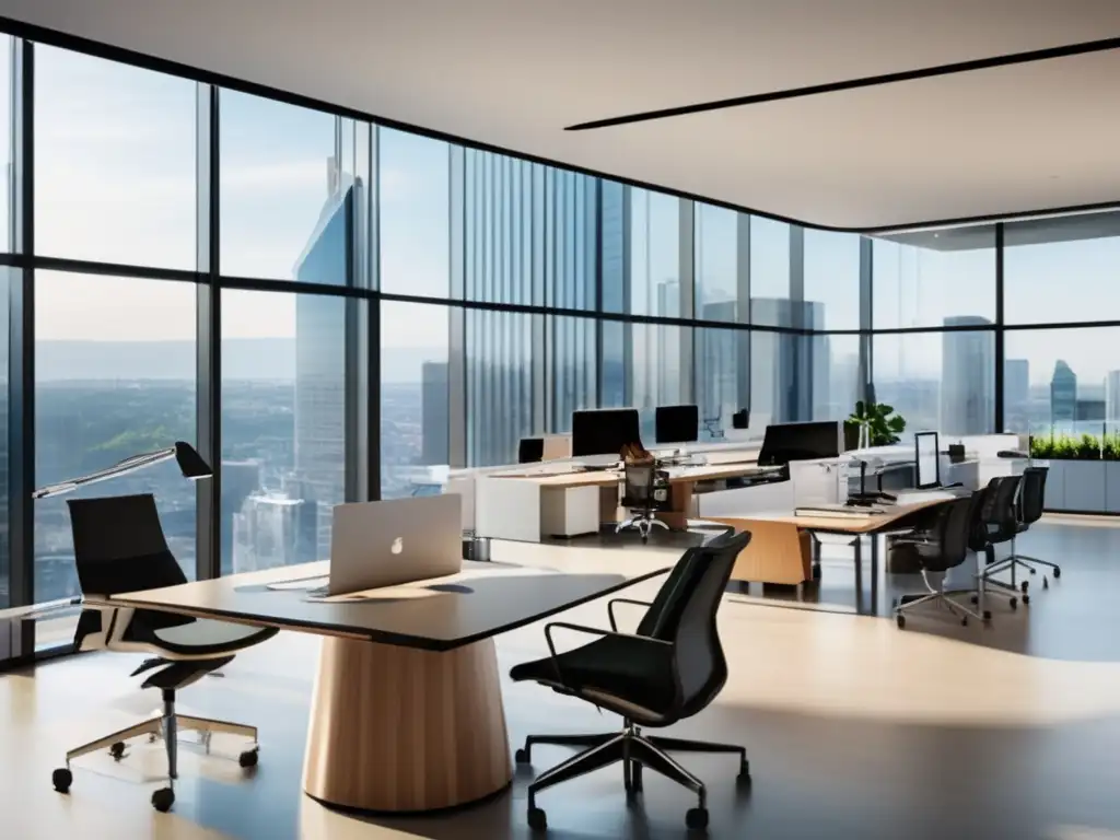 Oficina moderna y colaborativa en sector financiero Oficina moderna y luminosa en el sector financiero con equipos de trabajo colaborativo y vistas panorámicas - Software coinversión conjunto