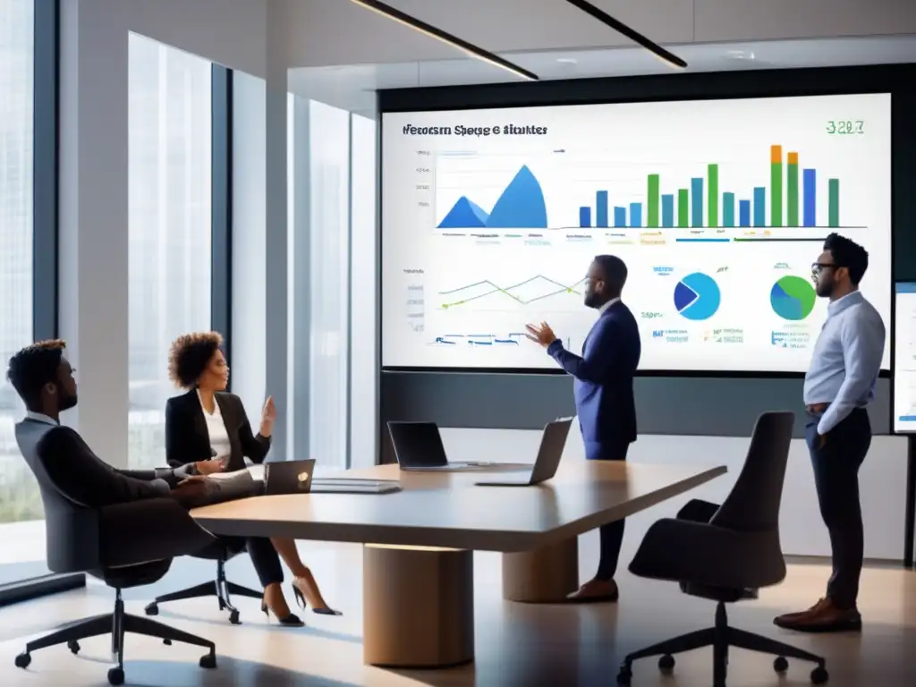 Oficina moderna con profesionales discutiendo sobre fondos mutuos Oficina moderna con luz natural y profesionales discutiendo estrategias de fiscalidad en fondos mutuos