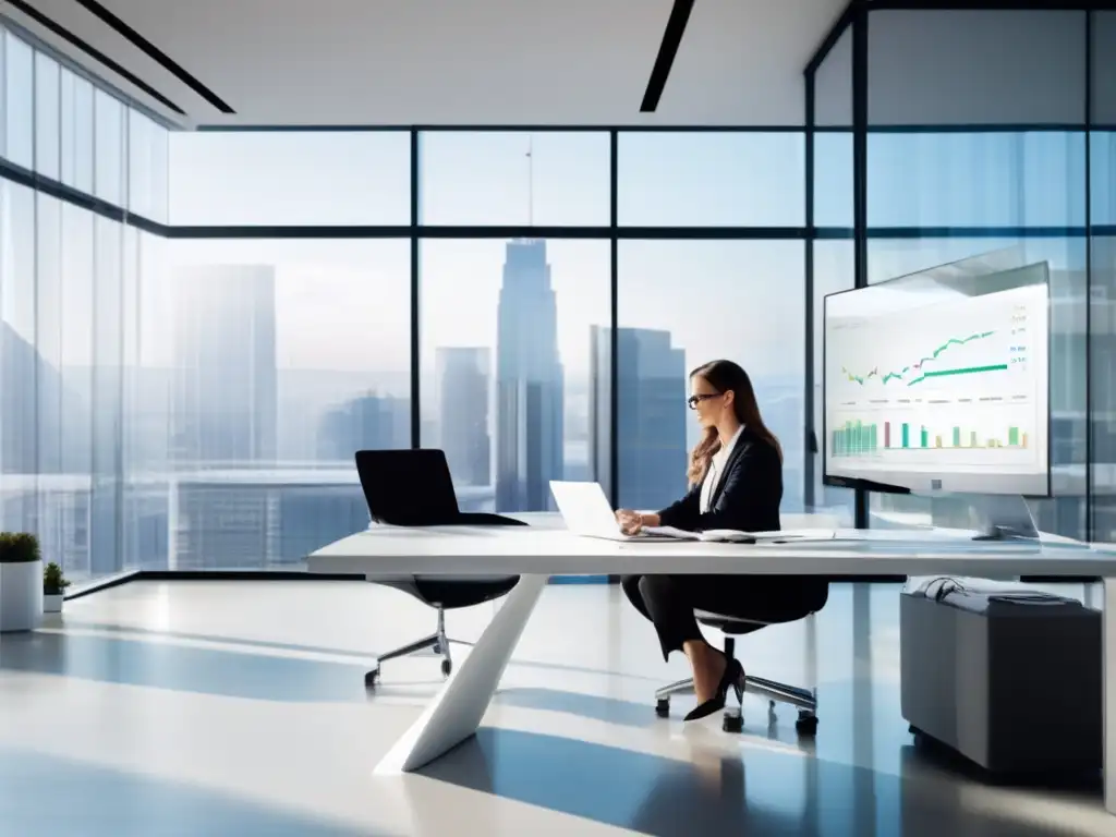 Espacio de oficina moderno y luminoso Oficina moderna con luz natural y persona estudiando gráficos financieros en una computadora
