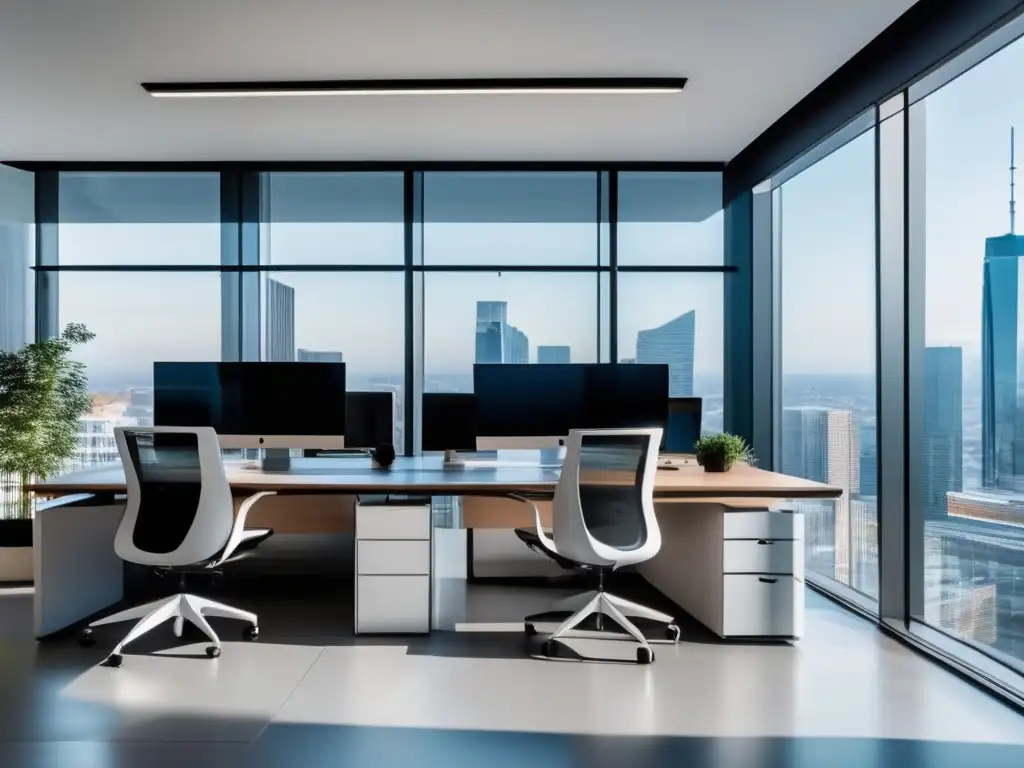 Espacio de oficina moderno y elegante Oficina moderna con luz natural, mobiliario minimalista y escritorio organizado