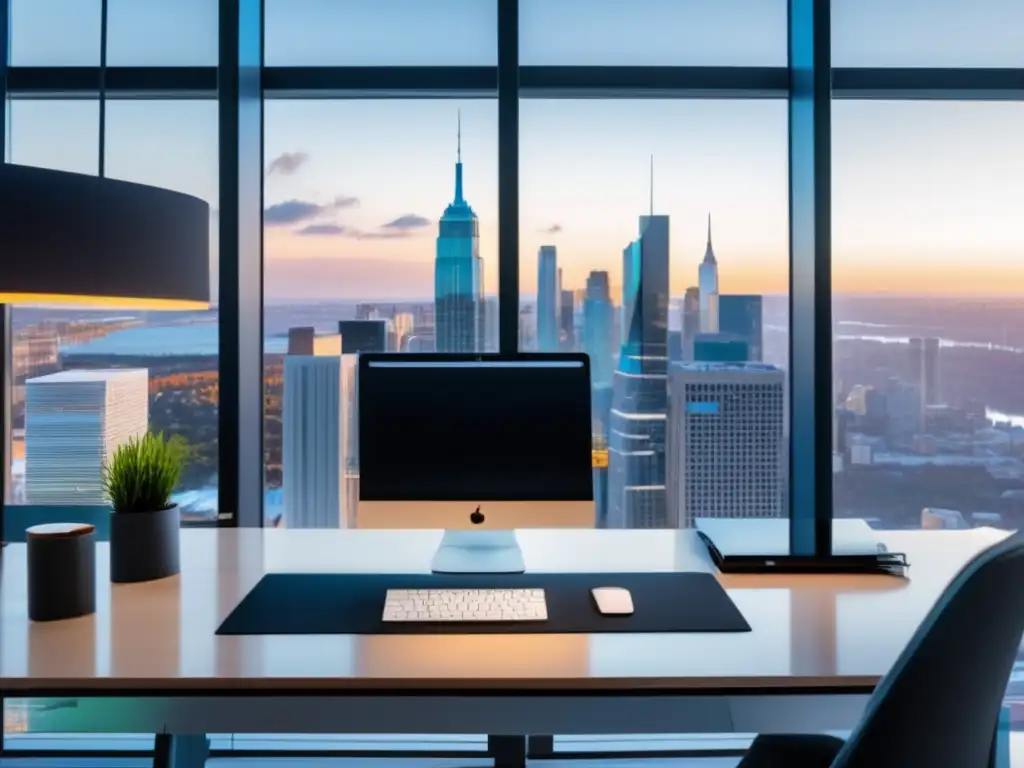 Espacio de oficina moderno con vista a la ciudad y escritorio organizado Oficina moderna con luz natural, escritorio organizado y gráficos de métricas de éxito proyecto inmobiliario