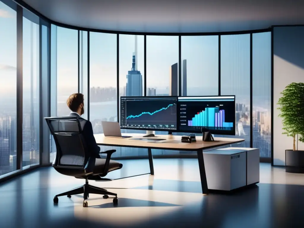 Oficina moderna: análisis y gestión del riesgo Oficina moderna con luz natural, inversionista analizando datos y noticias