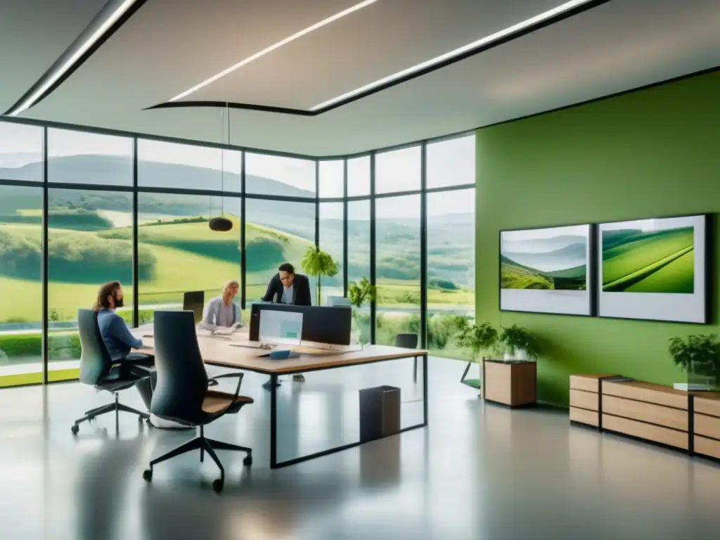Oficina moderna y sostenible con equipo diverso Oficina moderna con luz natural, mobiliario minimalista y vista panorámica a paisaje verde