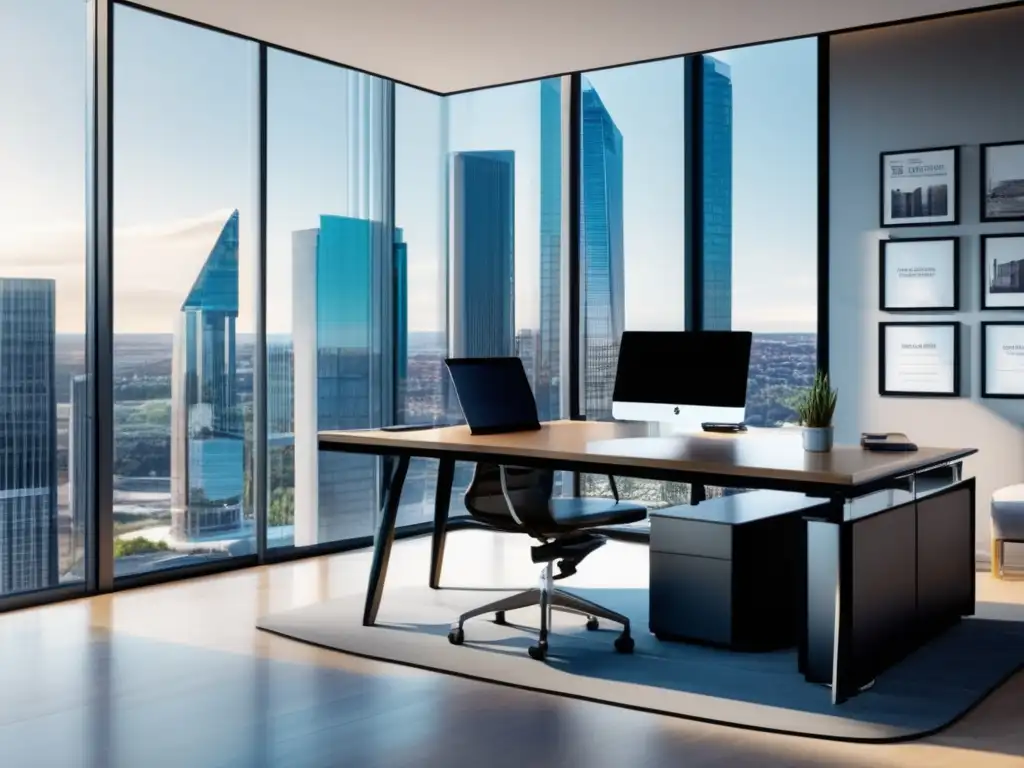 Oficina moderna con luz natural y motivación Oficina moderna, luz natural, muebles contemporáneos, gráficas de inversión inmobiliaria, éxito financiero, crecimiento en bienes raíces