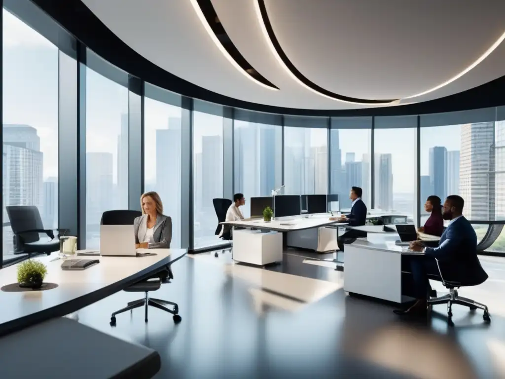 Oficina moderna con profesionales analizando inversiones Oficina moderna con luz natural y profesionales analizando gráficas - Estrategia inversión pasiva transformadora