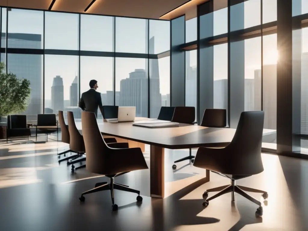 Oficina moderna con luz natural y diseño minimalista Oficina moderna con mesa de conferencias, sillas ergonómicas, arte abstracto y beneficios fiscales de donaciones de acciones