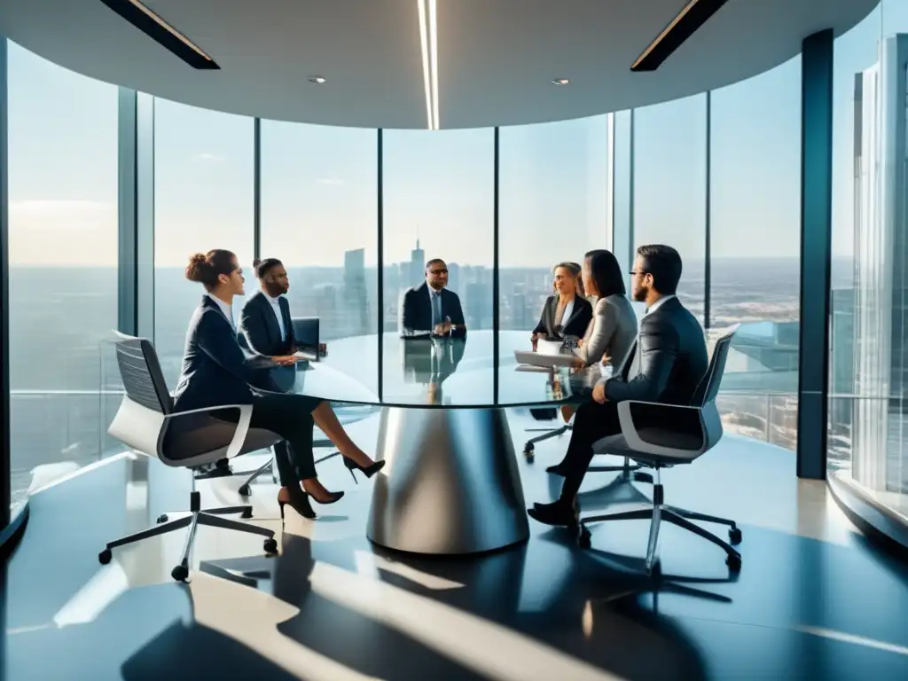 Reunión de negocios en oficina moderna Oficina moderna con mesa de vidrio rodeada de profesionales discutiendo - Planificación fiscal para inversiones