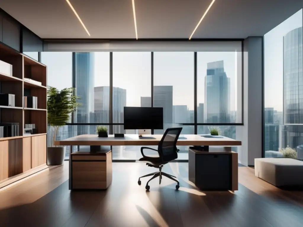 Oficina moderna y elegante con ambiente profesional Oficina moderna y minimalista con escritorio de madera, gráficos financieros y motivación
