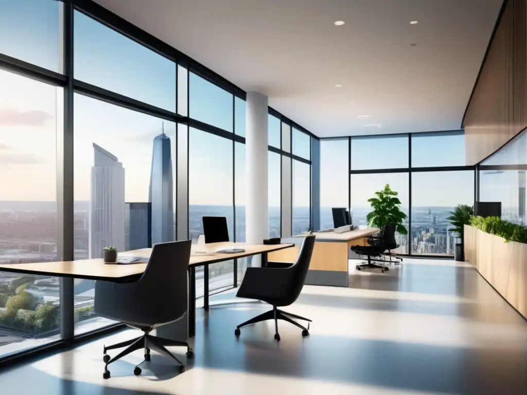 Espacio de oficina moderno y elegante con vista a la ciudad Oficina moderna con mobiliario elegante y vista a la ciudad