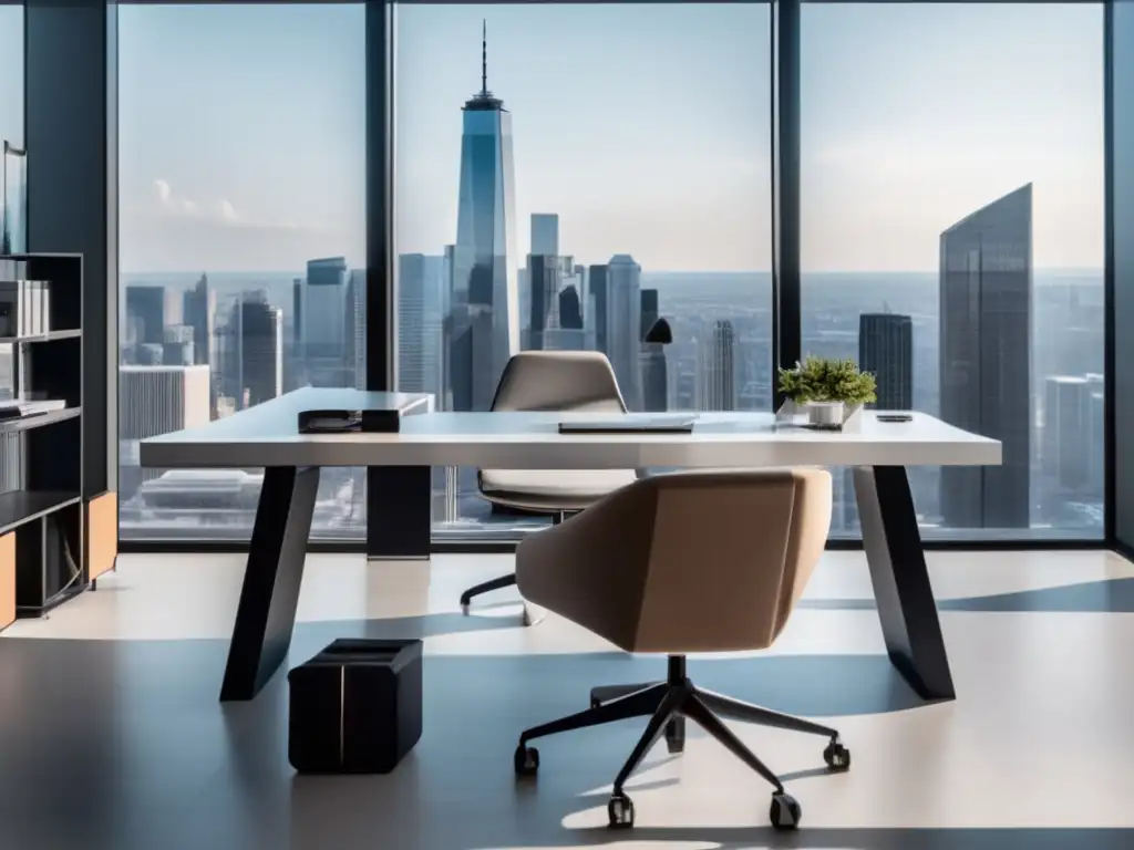 Espacio de oficina moderno y sofisticado Oficina moderna con mobiliario elegante y vista panorámica de la ciudad