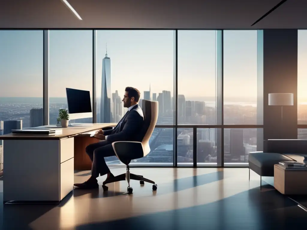 Oficina moderna con fideicomisos de inversión Oficina moderna con mobiliario minimalista y vistas a la ciudad