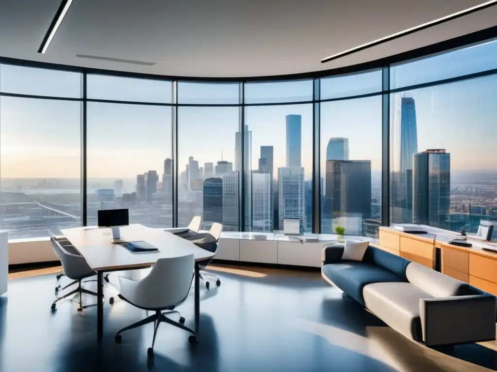Oficina moderna y dinámica con profesionales discutiendo Oficina moderna con mobiliario minimalista, luz natural y vista panorámica de la ciudad