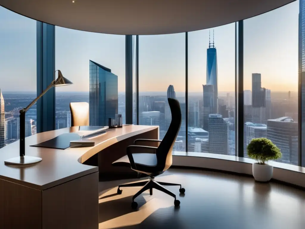 Oficina moderna con vista panorámica Oficina moderna con mobiliario minimalista y ventanales panorámicos que muestran una vibrante ciudad