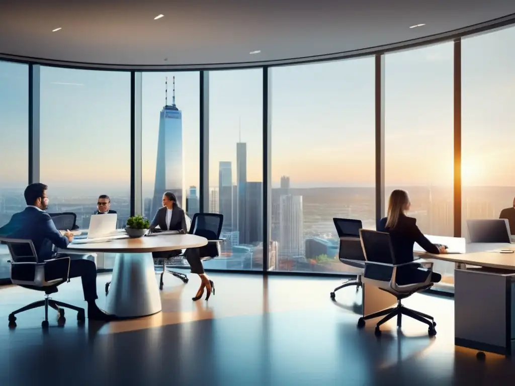 Oficina moderna con profesionales trabajando eficientemente Oficina moderna con muebles elegantes y vistas panorámicas
