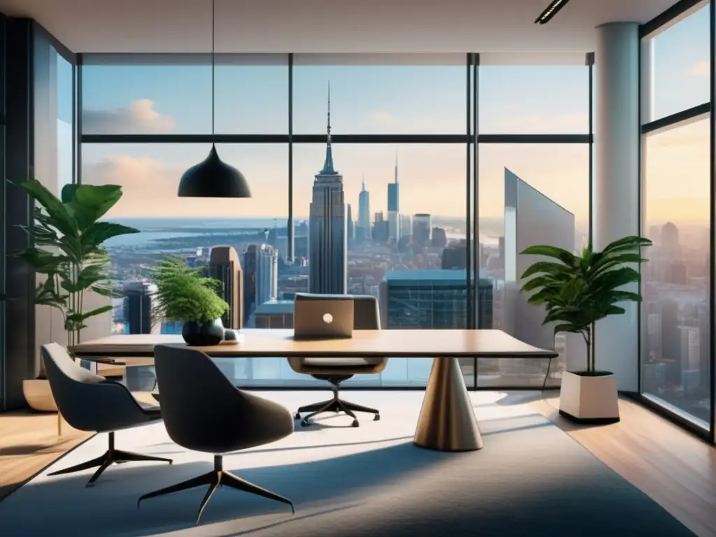Oficina moderna con vista panorámica y ambiente profesional Oficina moderna con muebles elegantes, iluminada por luz natural con vista panorámica de la ciudad
