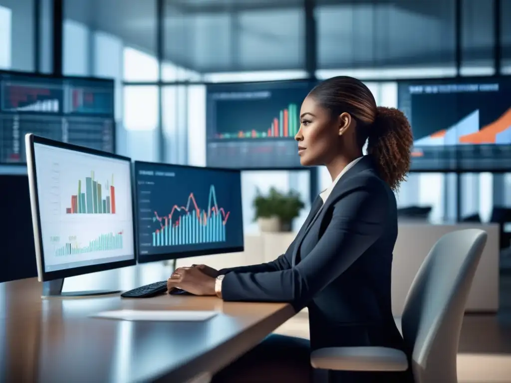 Oficina moderna con muebles minimalistas y luz natural Oficina moderna con muebles minimalistas, luz natural, gráficos financieros y una mujer profesional analizando datos de inversión en una laptop