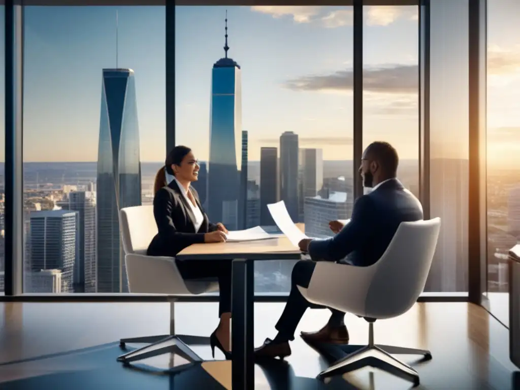 Oficina moderna con asesor financiero y seguros de vida Oficina moderna con muebles minimalistas y vista a la ciudad