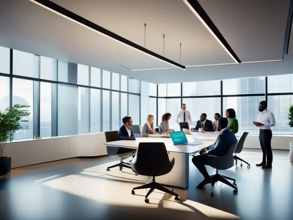 Oficina moderna con profesionales analizando estrategias de inversión Oficina moderna con muebles minimalistas y tecnología avanzada