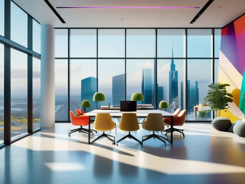 Espacio de oficina moderno y dinámico Oficina moderna con muebles minimalistas, luz natural y arte abstracto