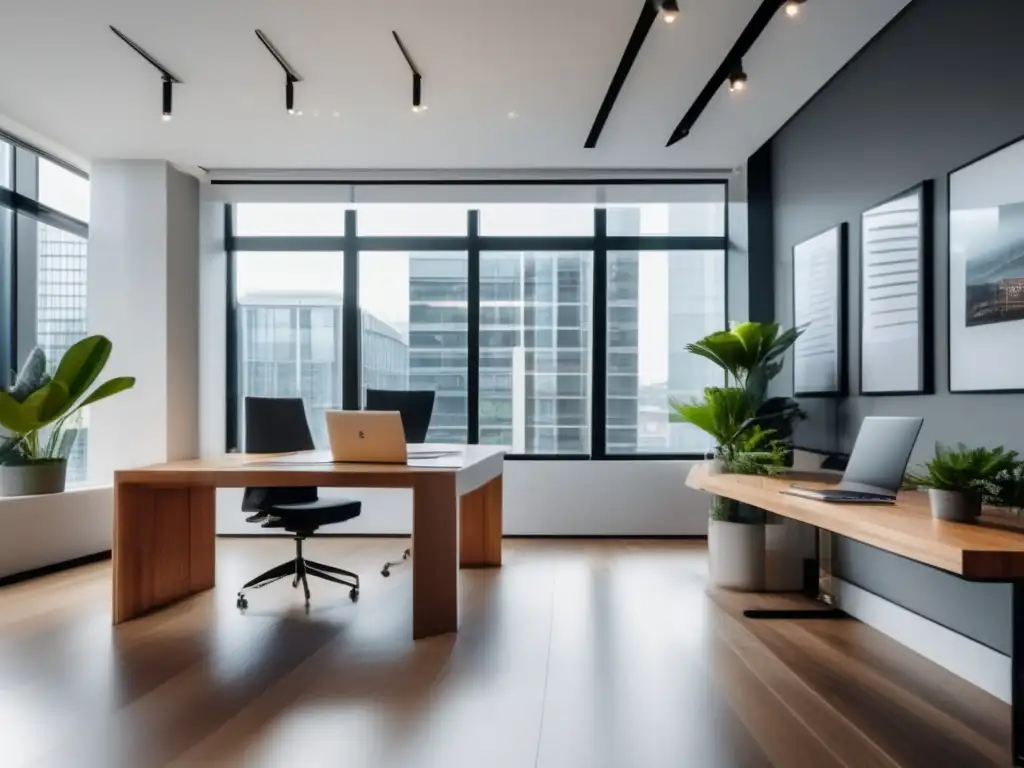 Oficina moderna y elegante Oficina moderna con muebles minimalistas, luz natural y arte elegante