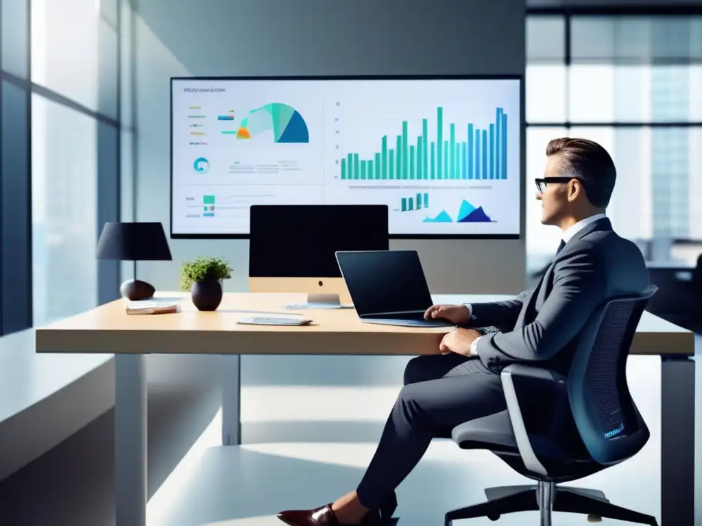 Oficina moderna con mobiliario elegante y tecnología avanzada Oficina moderna y organizada, con muebles elegantes y tecnología avanzada