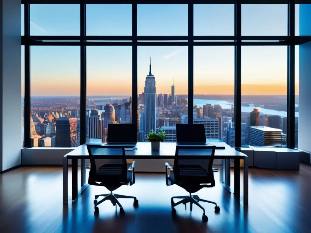 Oficina moderna con vista panorámica Oficina moderna con panorámica de ciudad y profesionales analizando datos financieros