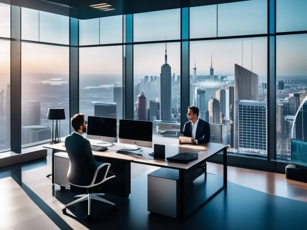 Oficina moderna con vista panorámica y traders analizando datos Oficina moderna y panorámica con vista a una ciudad, muebles minimalistas y traders analizando gráficos de la bolsa