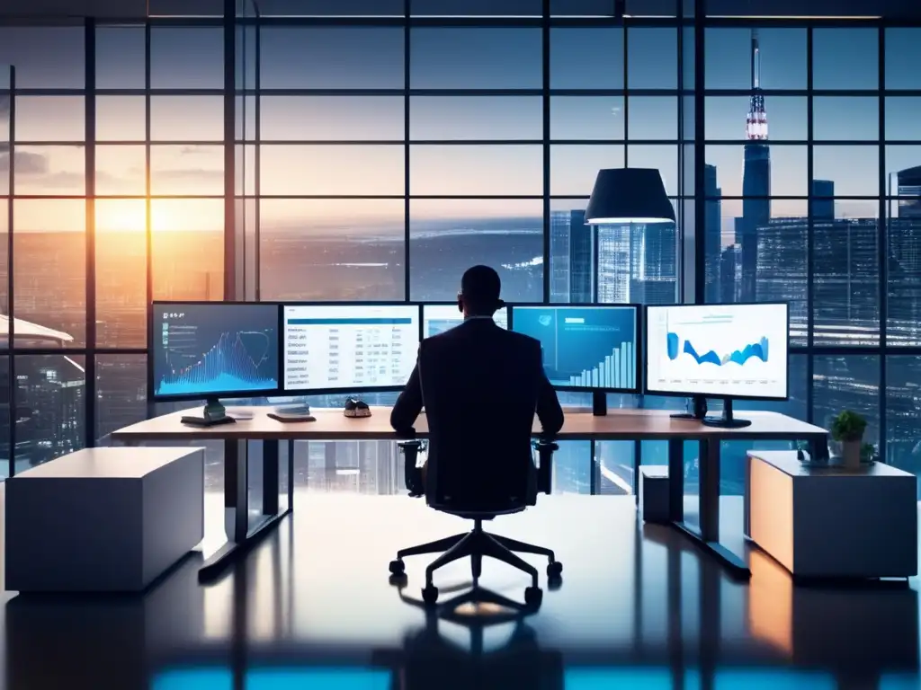 Oficina moderna con persona trabajando Oficina moderna con persona profesional y datos financieros