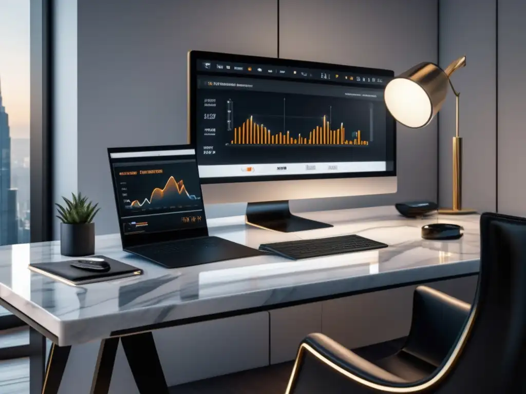 Oficina moderna: tecnología y elegancia Oficina moderna y profesional con Herramientas tecnológicas de inversión pasiva