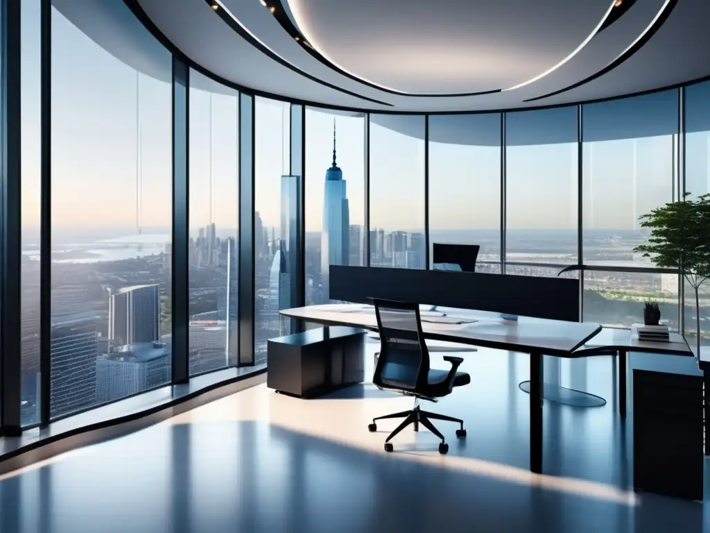 Oficina moderna con vista panorámica y diseño minimalista Oficina moderna y profesional con vista panorámica de la ciudad y algoritmos de trading efectivos