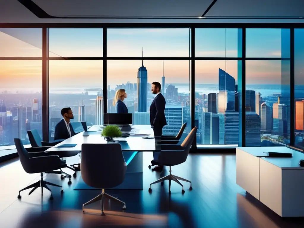 Oficina moderna con profesionales y tecnología avanzada Oficina moderna y profesional, con vista a la ciudad y profesionales en reunión, tecnología avanzada y gráficos financieros