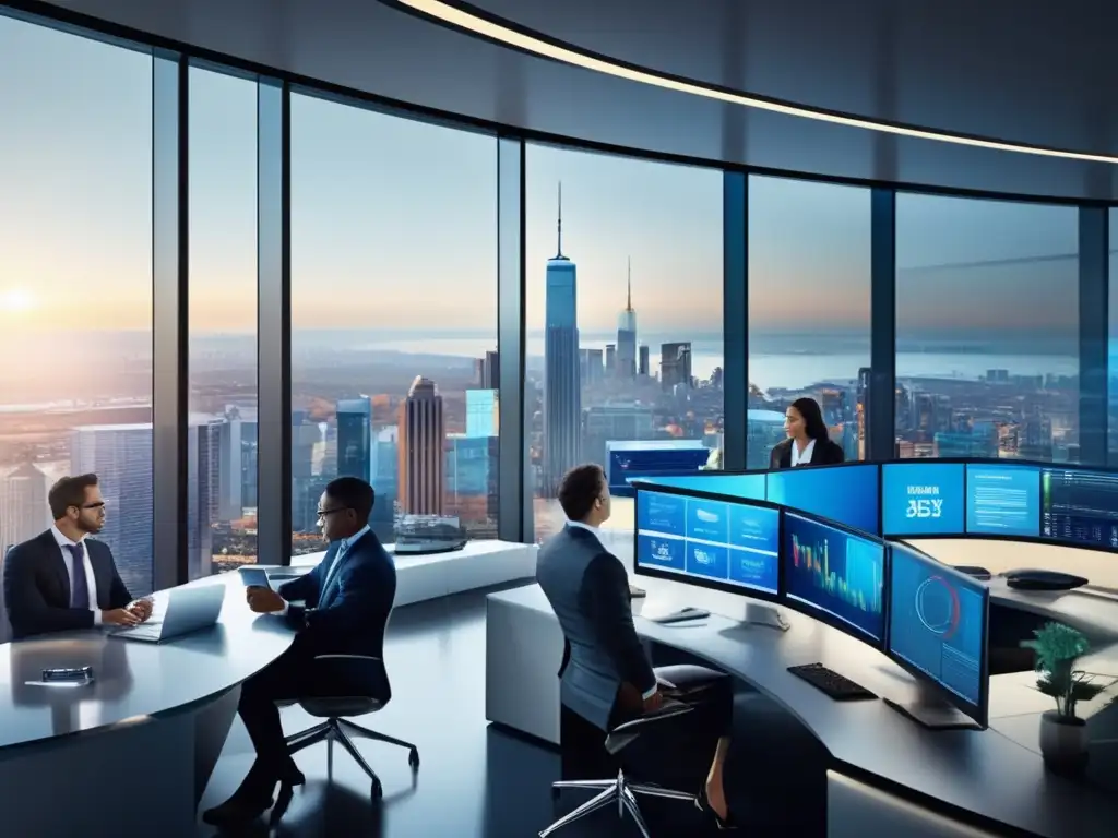 Oficina moderna con profesionales analizando datos bursátiles Oficina moderna con profesionales analizando acciones tecnológicas con potencial oculto