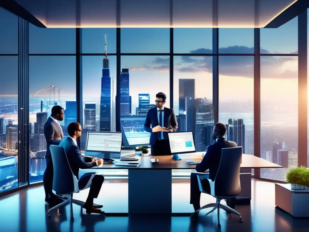 Oficina moderna con vista panorámica de ciudad y profesionales financieros Oficina moderna con profesionales en actividades financieras y una vista panorámica de la ciudad - Guía fiscal inversiones