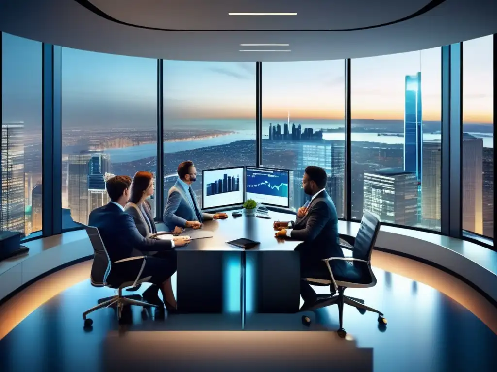 Oficina moderna con profesionales analizando datos Oficina moderna con profesionales en análisis fundamental acciones tecnológicas