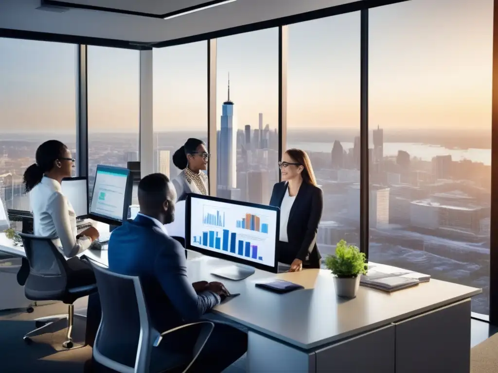 Oficina moderna con profesionales y panorámica de la ciudad Oficina moderna con profesionales en análisis financiero y rebalanceo estratégico inversión ETFs