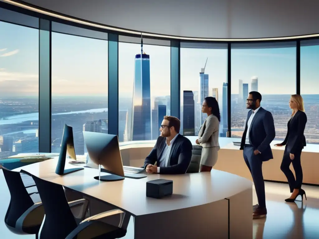 Oficina moderna con profesionales analizando datos financieros Oficina moderna con profesionales en análisis profundo inversión financiera