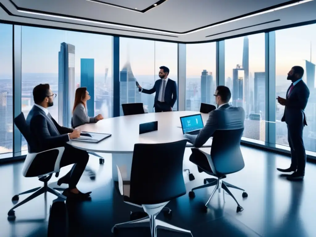 Oficina moderna con profesionales y RoboAdvisor Oficina moderna con profesionales discutiendo y RoboAdvisor: Beneficios de los RoboAdvisors en inversiones