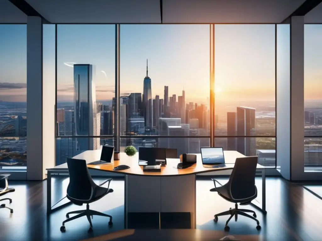 Oficina moderna con vista panorámica de la ciudad Oficina moderna con profesionales trabajando: Beneficios franquicias inversión segura