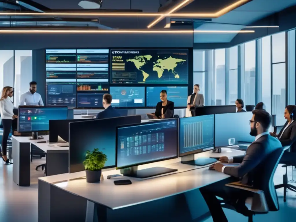 Equipo profesional analizando leyes de lavado de dinero en criptomonedas Oficina moderna con profesionales trabajando en criptomonedas y leyes AntiLavado