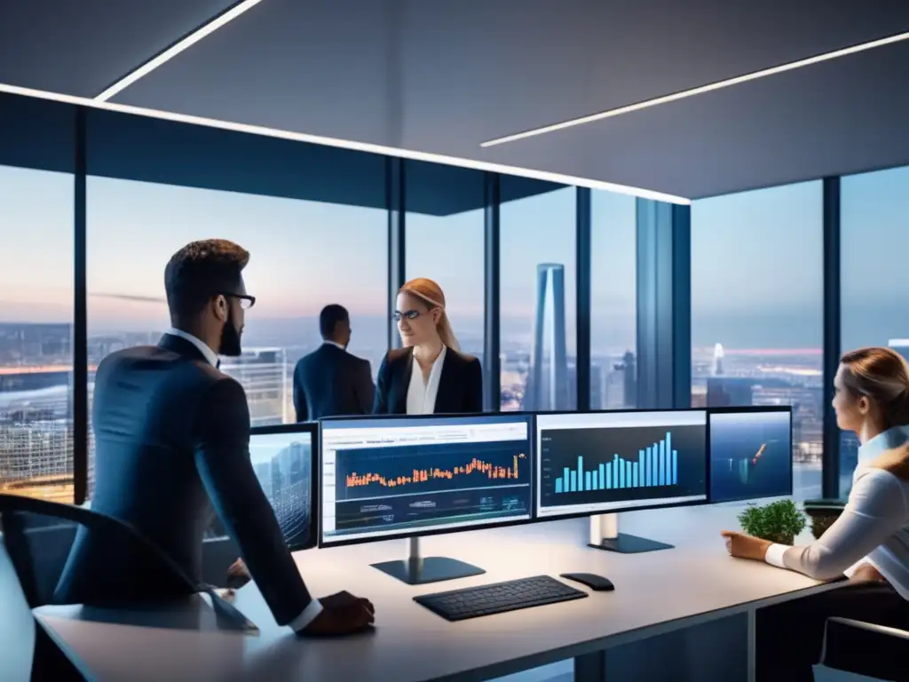 Profesionales analizando datos financieros en una oficina moderna Oficina moderna con profesionales analizando datos financieros en pantallas