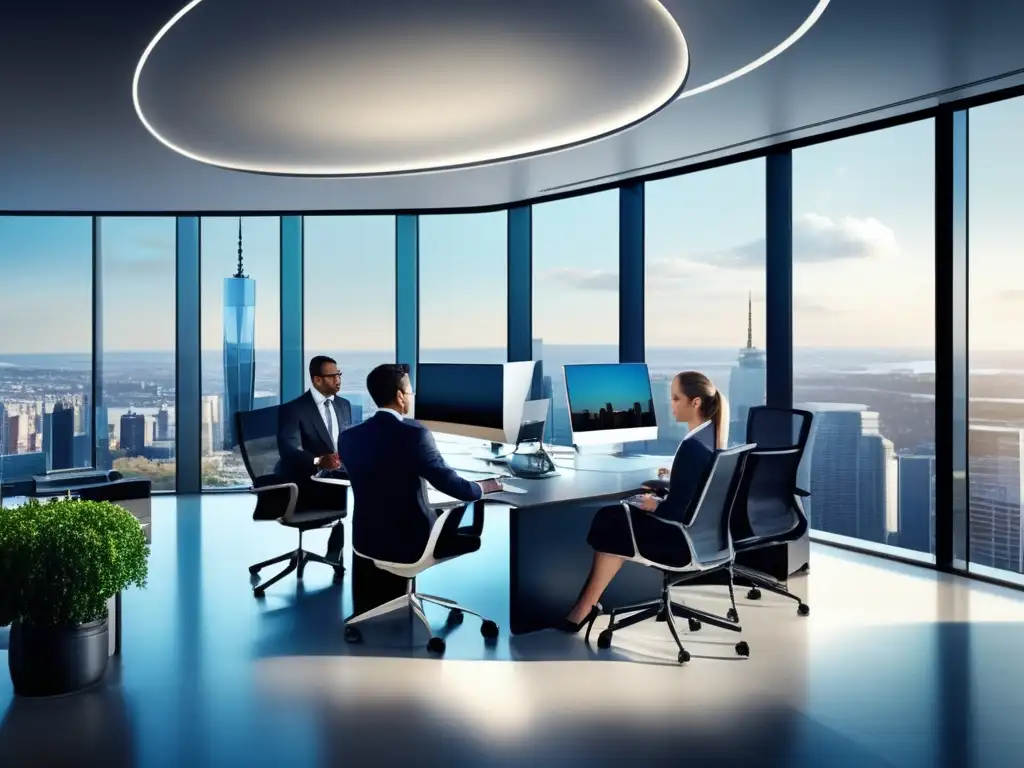 Oficina moderna con profesionales analizando datos e gráficos financieros Oficina moderna de Hedge Funds: Profesionales analizando datos y estrategias (110 caracteres)