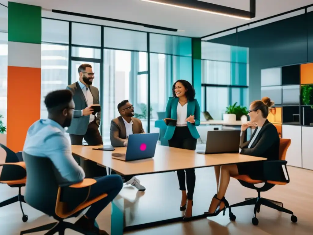 Equipo diverso en una oficina moderna Oficina moderna con profesionales diversificados discutiendo estrategias de inversión en startups con poco capital