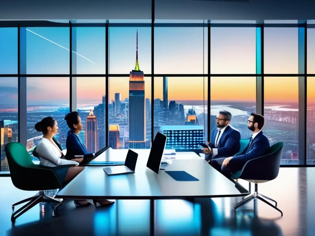 Oficina moderna con vista a la ciudad Oficina moderna con profesionales enfocados en estrategias de inversión
