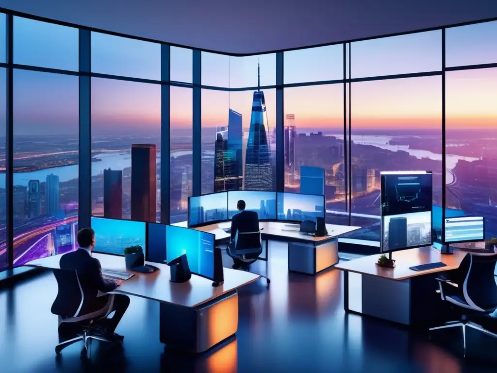 Profesionales analizando datos financieros Oficina moderna con profesionales enfocados en inversiones en criptomonedas para jubilación