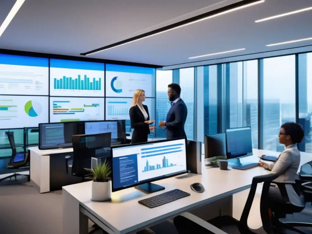 Oficina moderna con profesionales y tecnología Oficina moderna con profesionales, equipo de alta tecnología y planificación fiscal para inversiones
