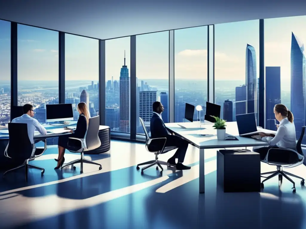 Oficina moderna con vista panorámica a la ciudad Oficina moderna con profesionales aplicando estrategias de inversión en juegos